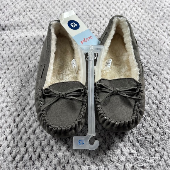 Cat Jack Toddler Girls Gray Bow Moccasin Slippers Size 13 Plush Lined NWT - Picture 3 of 8